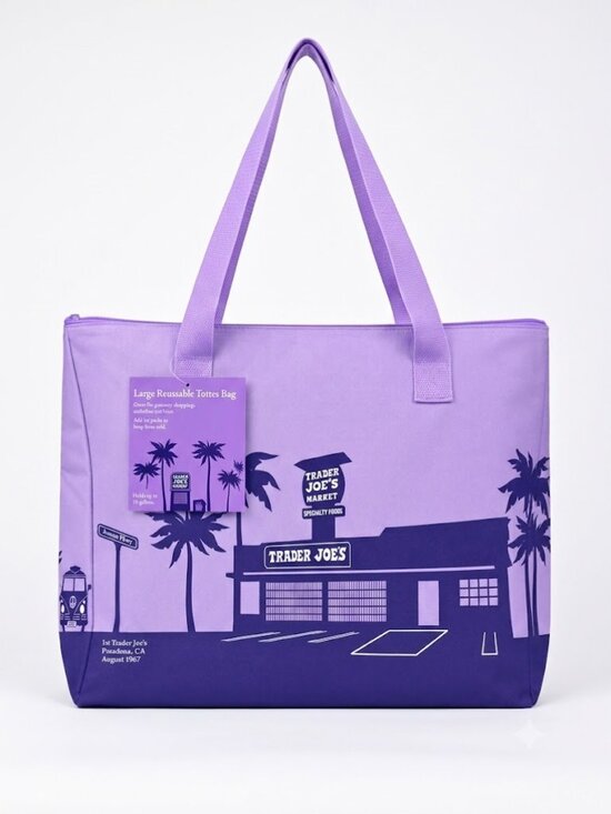 Trader Joe'S Handbags - Trader Joes Purple Large Insulated Reusable Grocery Bag Zippered Tote